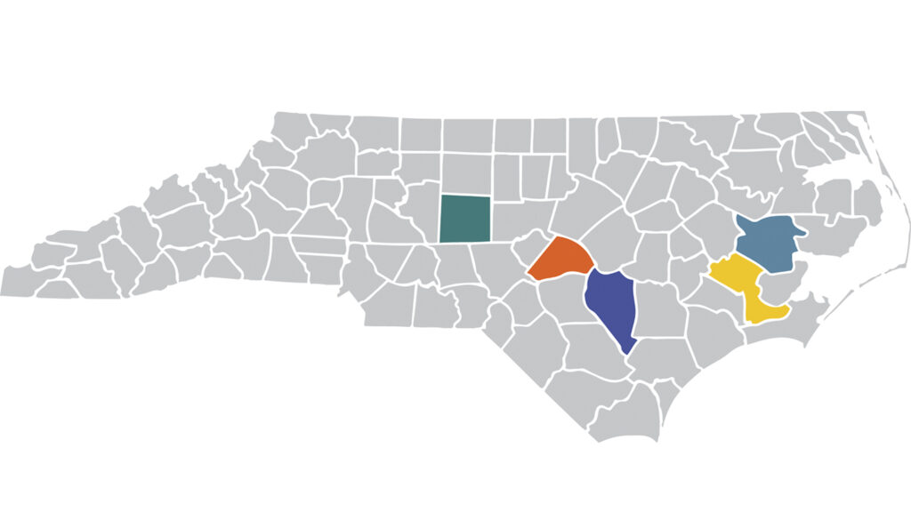 北卡罗来纳州的县地图，突出了伦道夫、哈尼特、桑普森、博福特和克雷文县
